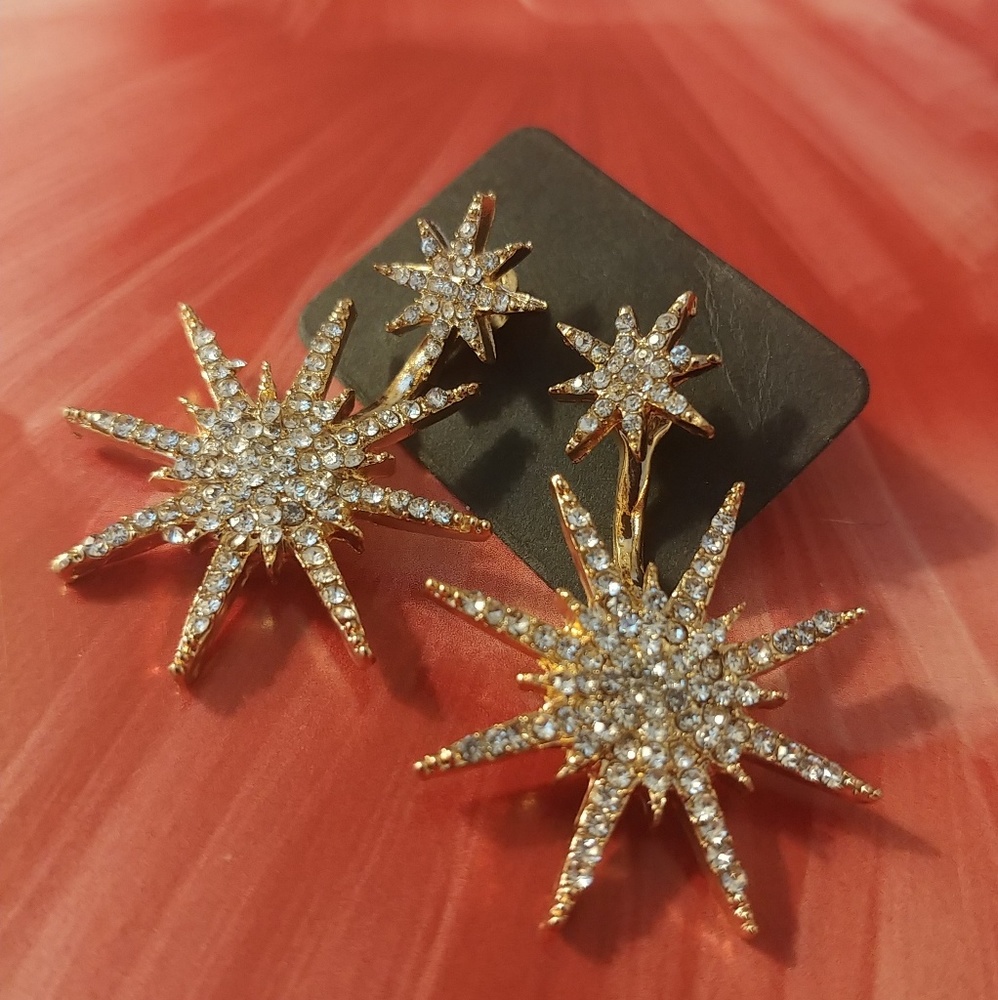 NEW β΄ Starburst Gold Pave Crystal Earring Jacket - Picture 1 of 7